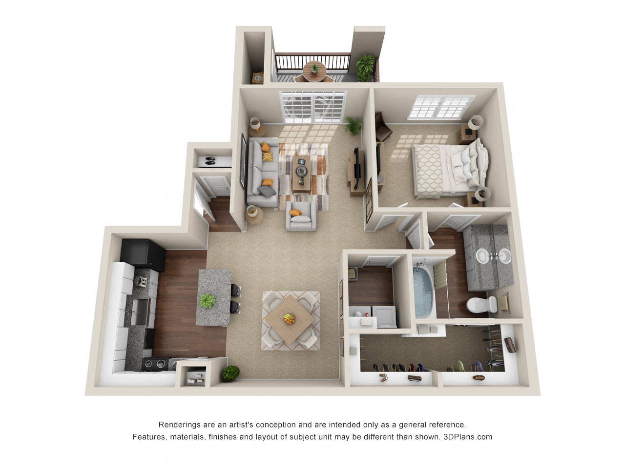 Floor plan for 1 bed, 1 bath, 878 sqft